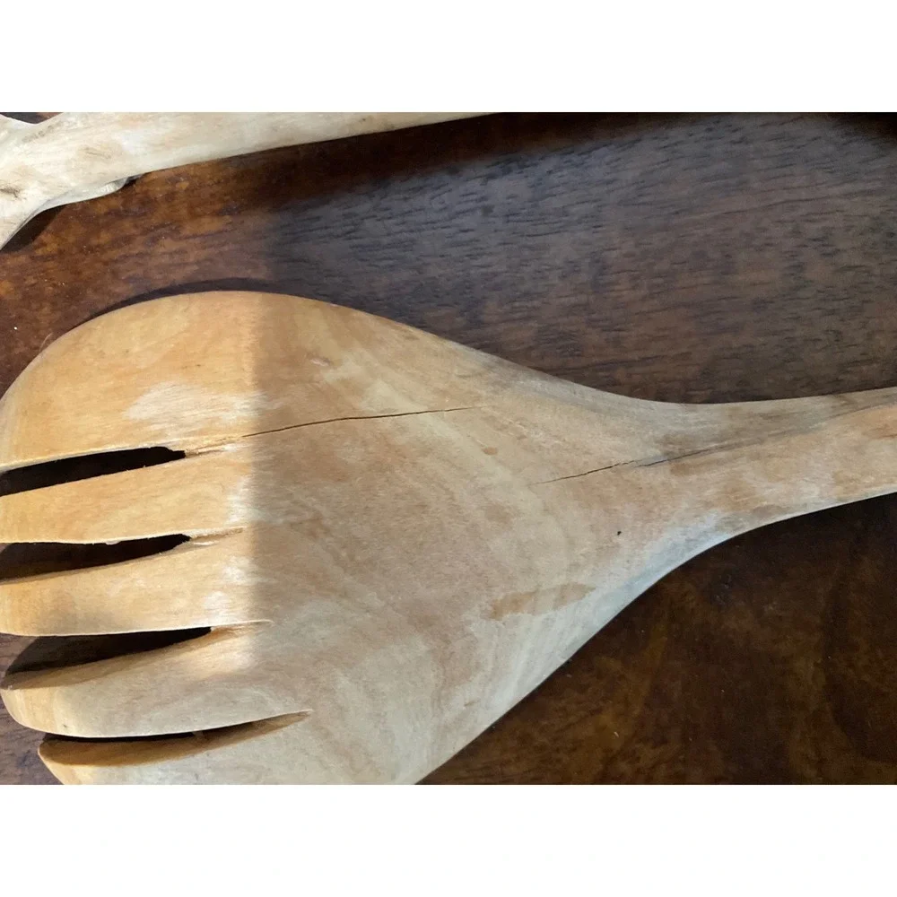 Vintage Hand Carved Giraffe Wooden Salad Servers Set Fork Spoon Rustic Safari